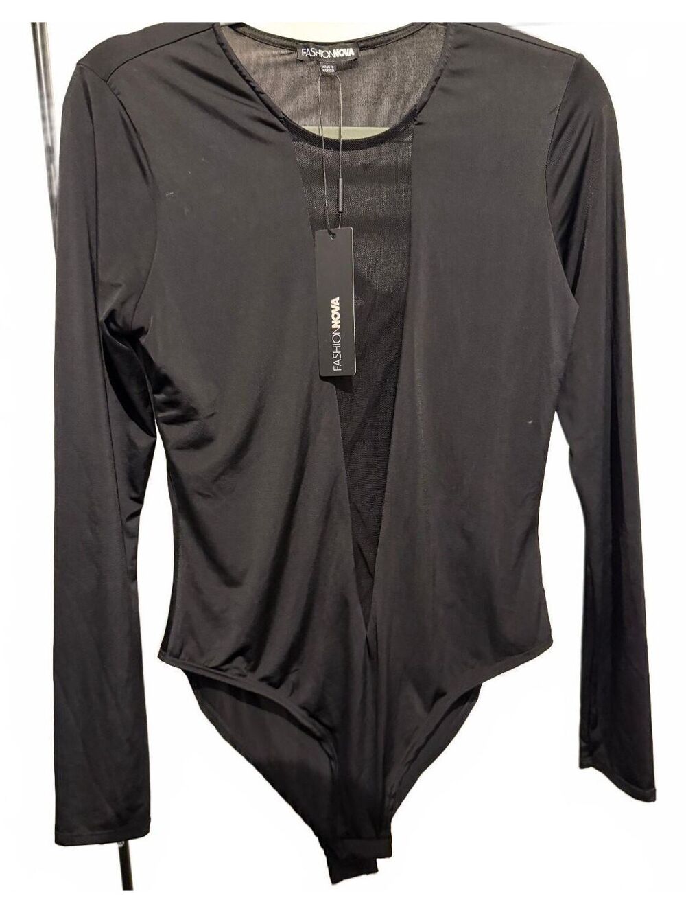 Black Long Deep-Neck Sleeve Bodysuit